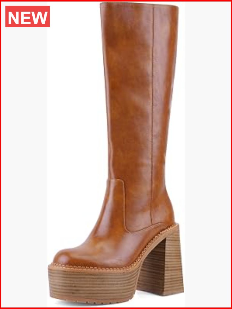 Platform Mid Calf Boots Block Heel Square Toe Faux Leather Knee High Boots